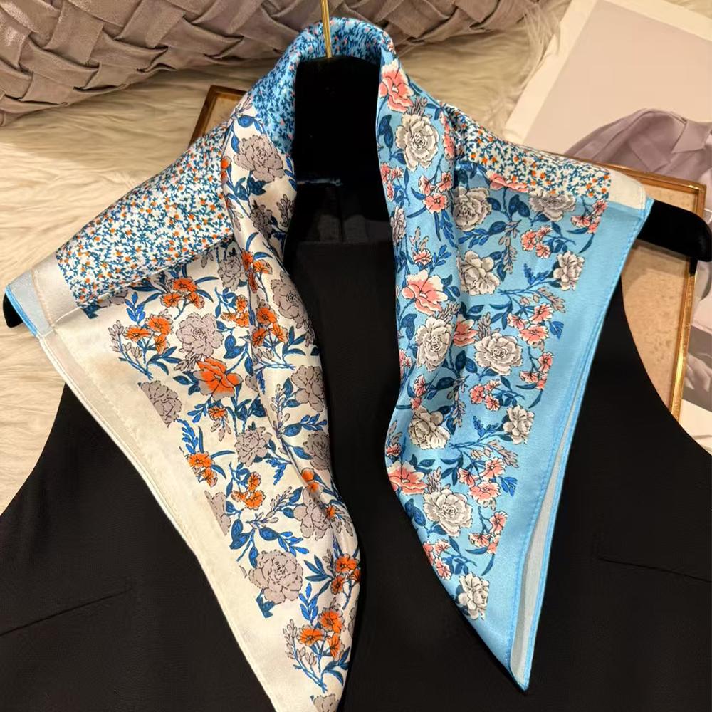 White Blue 100% Mulberry Silk Small Square Scarf Women Spring Fall Summer Hair Scarf Elegant Paisley Neck Scarves Neckerchief