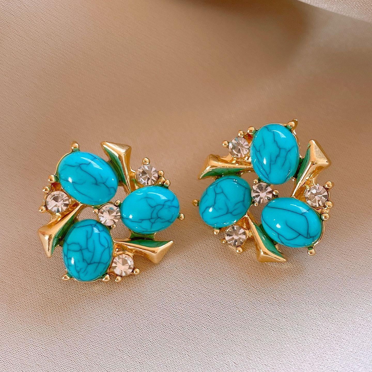 Смоляные бирюзовые серьги-цветы с инкрустацией цирконами, бриллиантами, серьги среднего антикварного темперамента, серьги легкой роскоши, женские