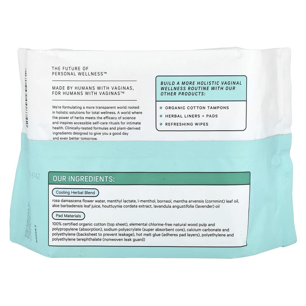 Organic Herb Infused Pads, Wings, Super, 16 Count