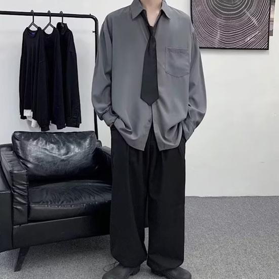 Chemise homme printemps-automne col rabattu coupe ample style rétro japonais simple boutonnage