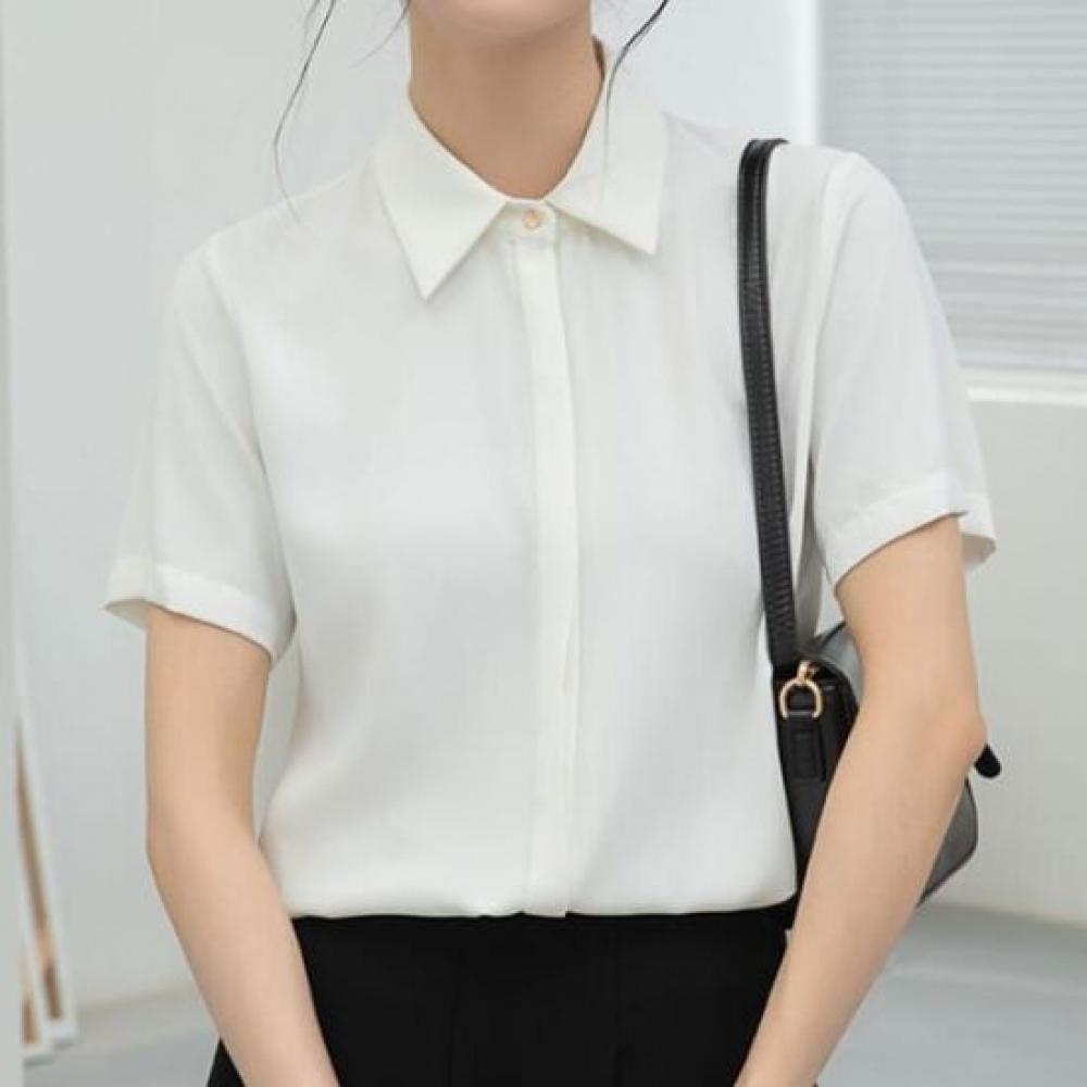 Navava Women Simple Office Solid Collar Short Sleeve Shirt Nb2595