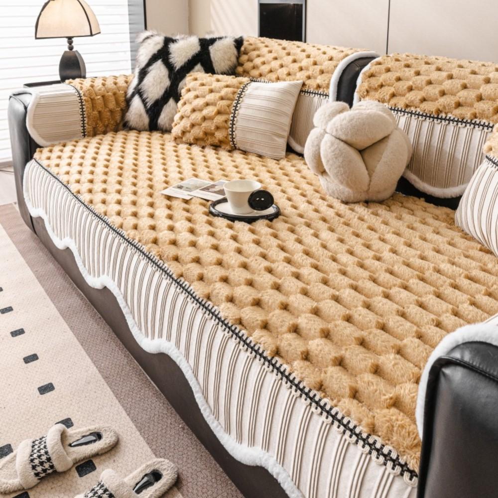 Sofa Cover Sofa Arc Edge Sofa Luxury Non-Slip Seat Soft Thicken Couch Protector Winter Patchwork Fleece Plush Sofa Cushion