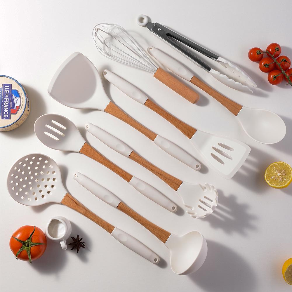 11-Piece Silicone Kitchen Utensil Set with Solid Wood Handles