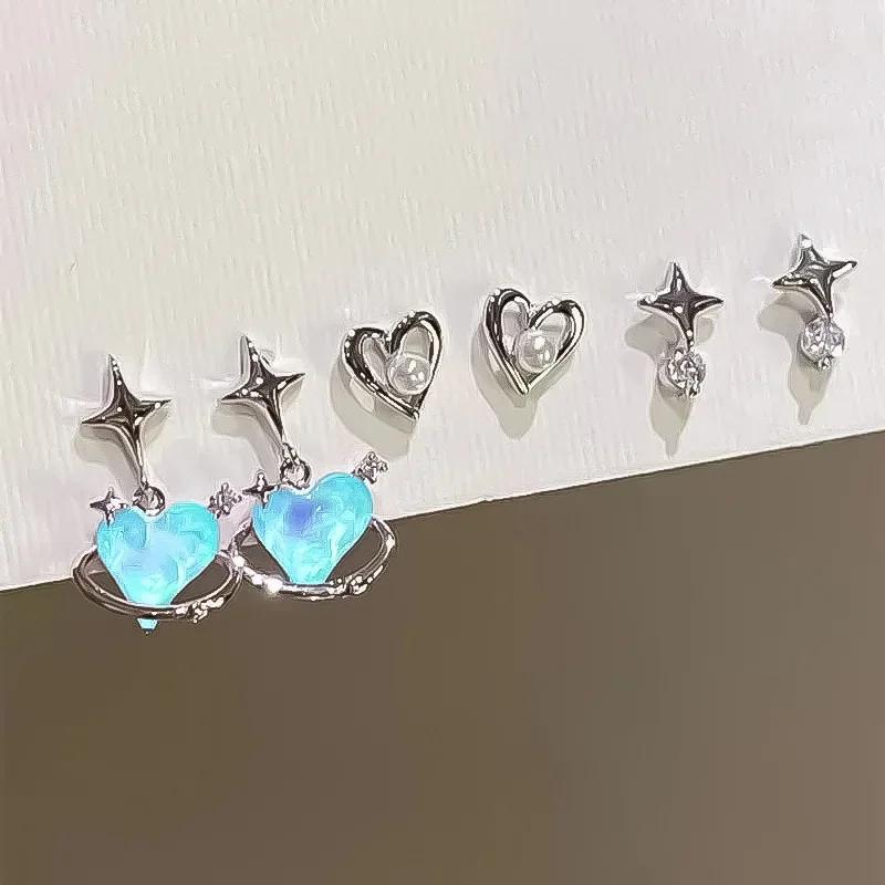 6Pcs Pink Heart Stud Earrings Set Women's Personality Korean Fashion Y2K Pink Crystal Temperament Star Earring Piercing for Ears
