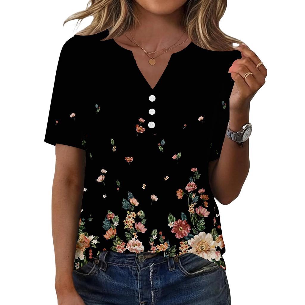 Women's Fashionable Casual Short-sleeved Retro Printed V-neck Top