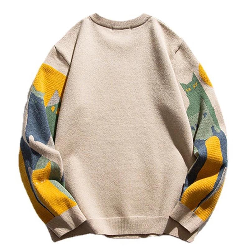 Autumn Winter Knitted Base Sweater Men Women Cartoon Full Cat Print Pullover Vintage Causal Loose Sweaters Streetwear Loose Couple Top