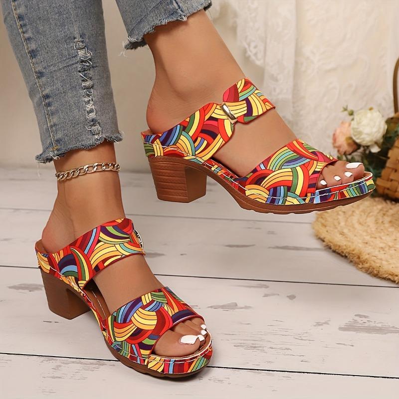 Women's Bohemian Mosaic Print Round-Toe Mule Slides - Vibrant Multicolor - PU Cover Upper & Cushioned Insole - Lightweight Comfortable for Summer