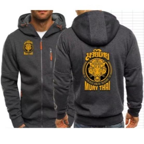 Tiger Muay Thai Kickboxing Boxing MMA UFC Jacket Hood Sweatshirt Long Sleeve Unisex Men Women Zip Gym Fitness Workout Print Training