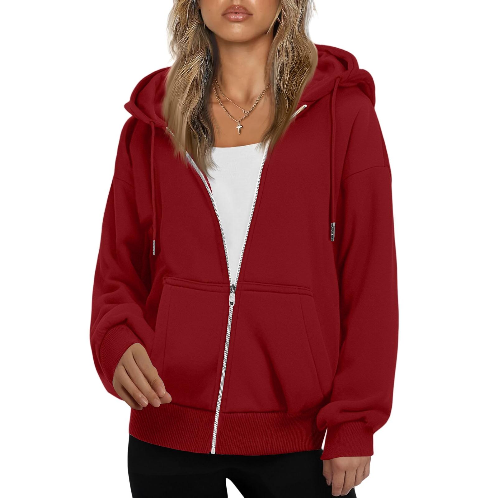 

Women s Fashionable Loose Fleece Hooded Casual Cardigan With Zipper Sweatshirt XL червоний