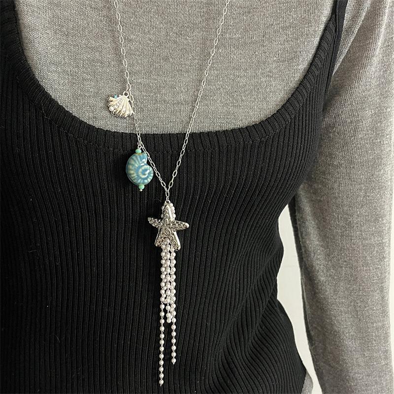 

Ocean Theme Conch Shell Pendant Necklace Simulated Pearl Tassel Long Sweater Chain Summer Beach Jewelry for Women