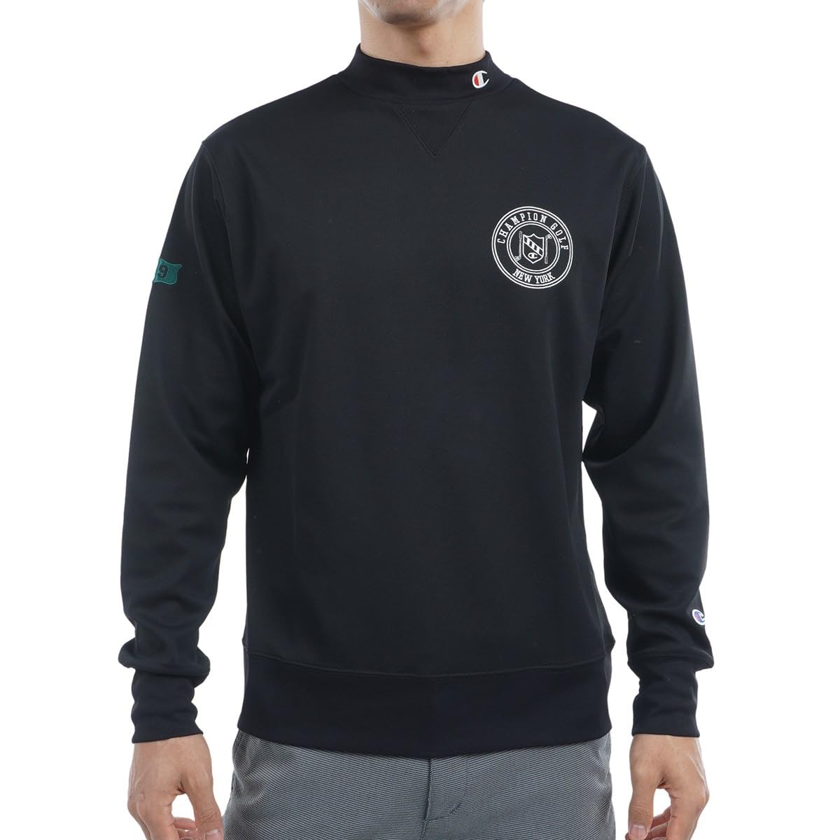 

Champion Long Sleeve Mock Neck Golf UV Graphic Logo Black Men s T-Shirt, C3-AG401, Quick-Drying, Protection, Print, чёрный
