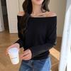 2 diagonal collar one-word shoulder 2 cotton bottoming shirt with long-sleeved t-shirt inside women's autumn and winter loose and thin top