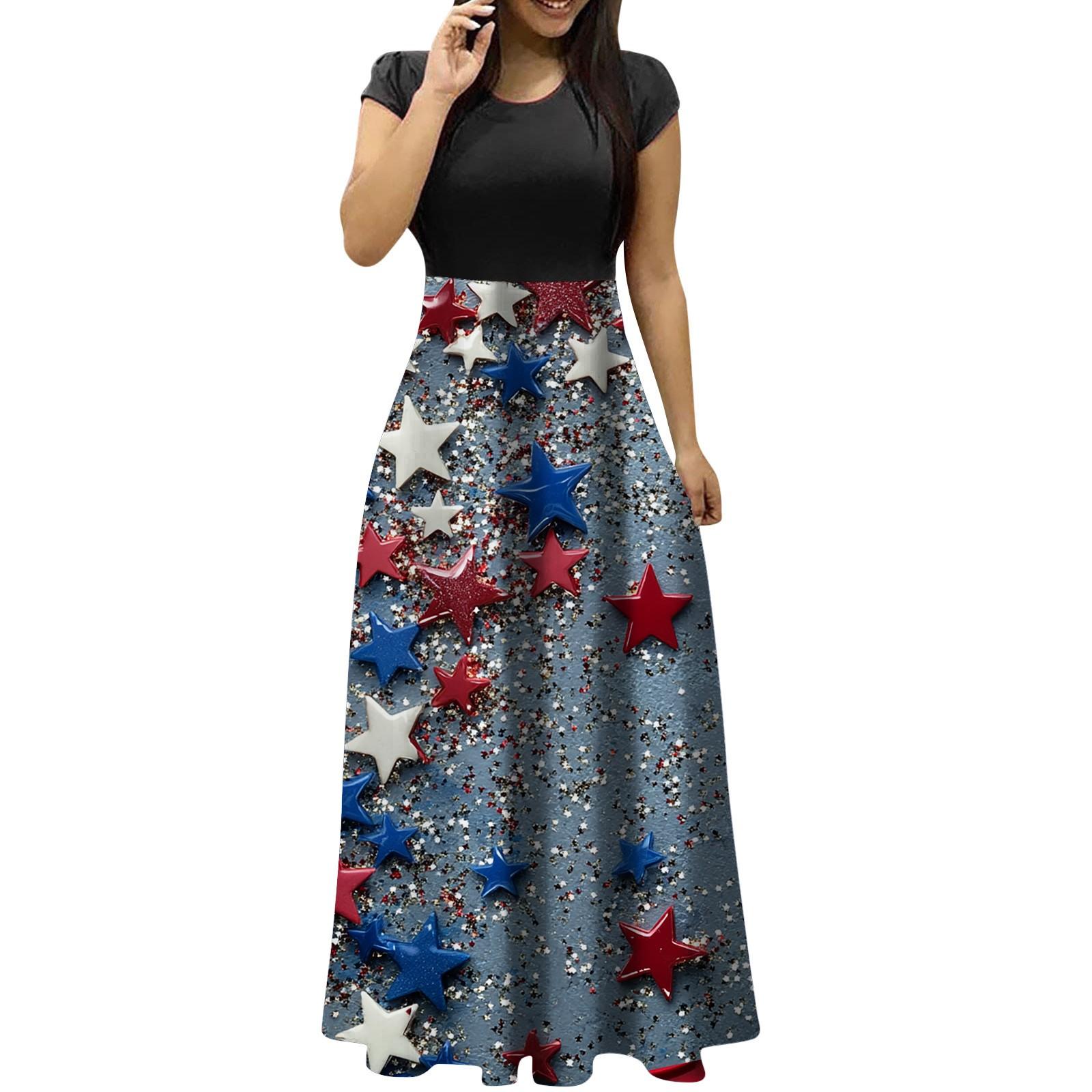 

Женские модные повседневные платья с круглым вырезом и коротким рукавом на День независимости S