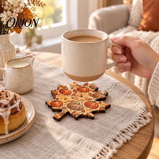 Coasters for Coffee Tables 4Pcs Thanksgiving Wooden Maple Leaf Coaster with Pumpkin Print, Heat Resistant Print Table Non-Slip Drink Mats Fall