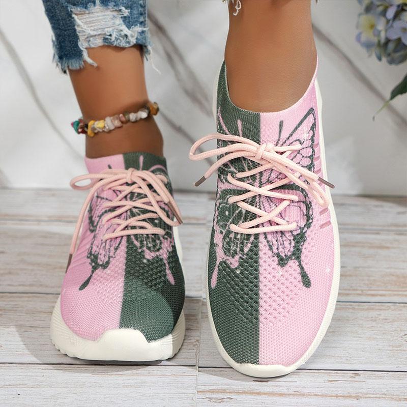 Damen Sneaker Schmetterlingsdruck Sportschuhe Mode Strickstoff Mesh Trainer Weiche Dicke Sohle Walking Jogging Laufschuhe
