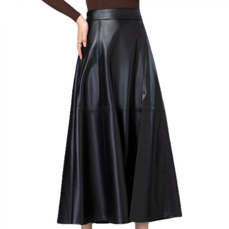 Genuine Leather A-Line High Waist Skirt for Women - Spring/Autumn Sheepskin Umbrella Skirt