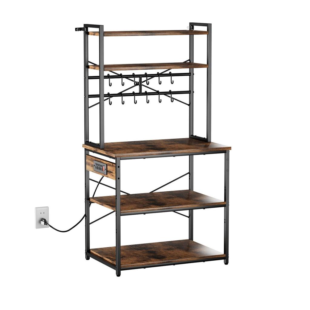 Kitchen Bakers Rack, 1.5m Power Cable Bakers Rack with Power Outlet, Kitchen Stand with X-Shaped Support Bar, 12 S-Shaped Hooks, Coffee Bar Stand for