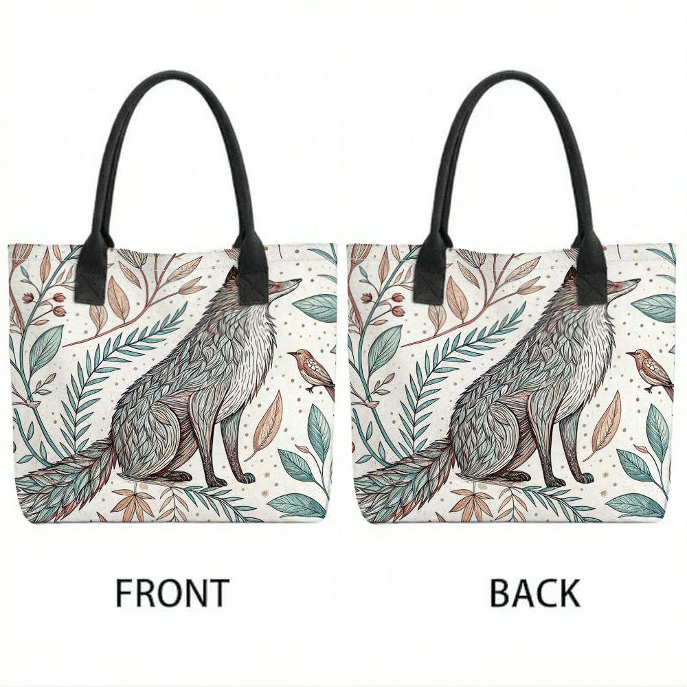 Boho Fox Print Canvas Tote Bag Casual Large Capacity Daily Shoulder Handbag for Women