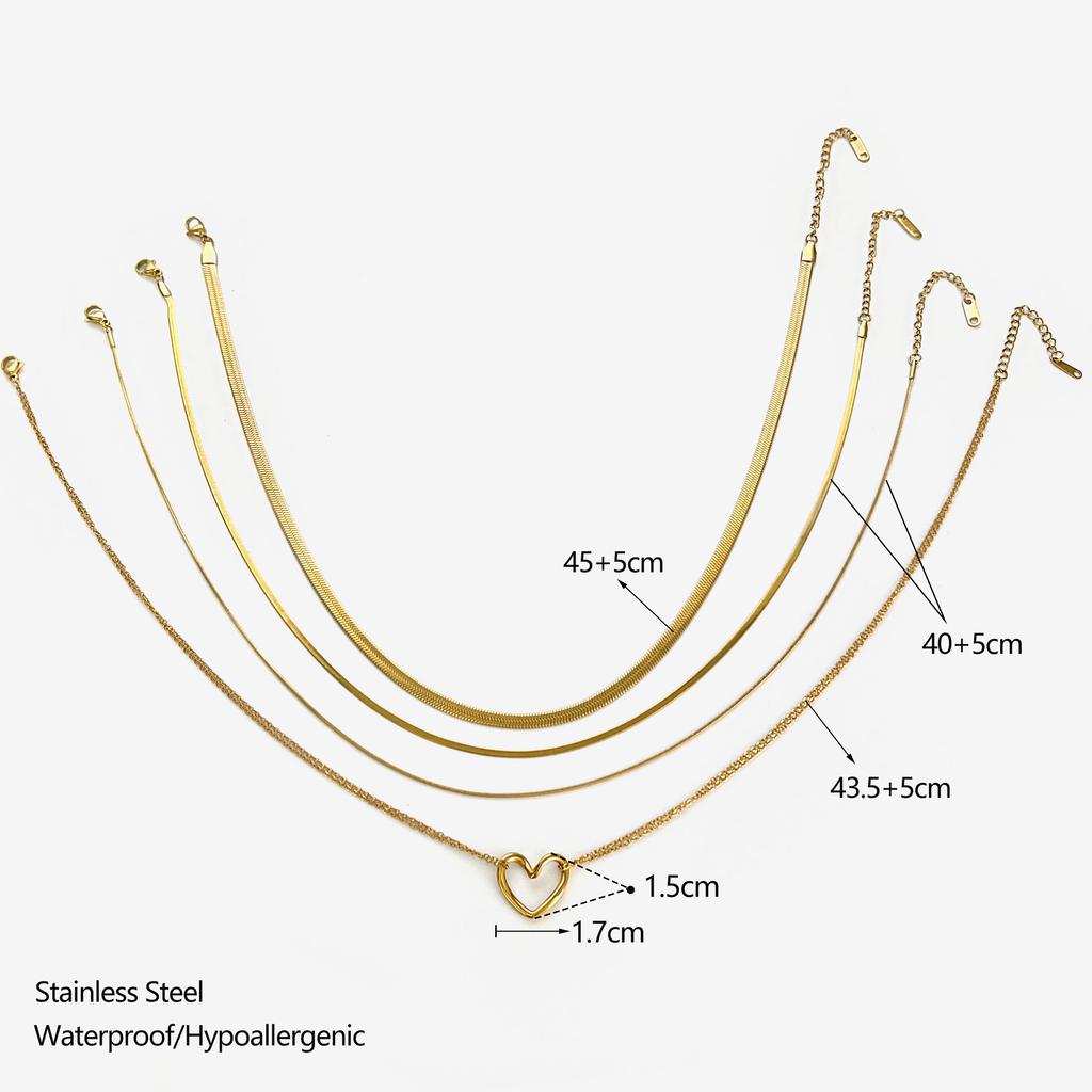 GHIDBK Minimalist Stainless Steel 1mm 2mm 4mm Flat Snake Chain Hollow Heart Pendant Necklace for Women Fashion Stackable Zircon