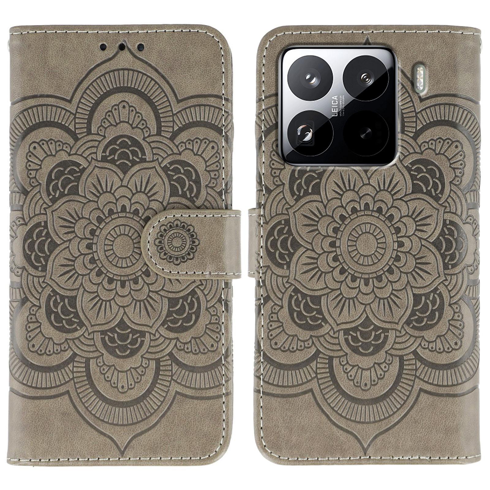 

For Xiaomi 15 Pro Case PU Leather Mandala Imprinted Design Wallet Phone Cover Grey