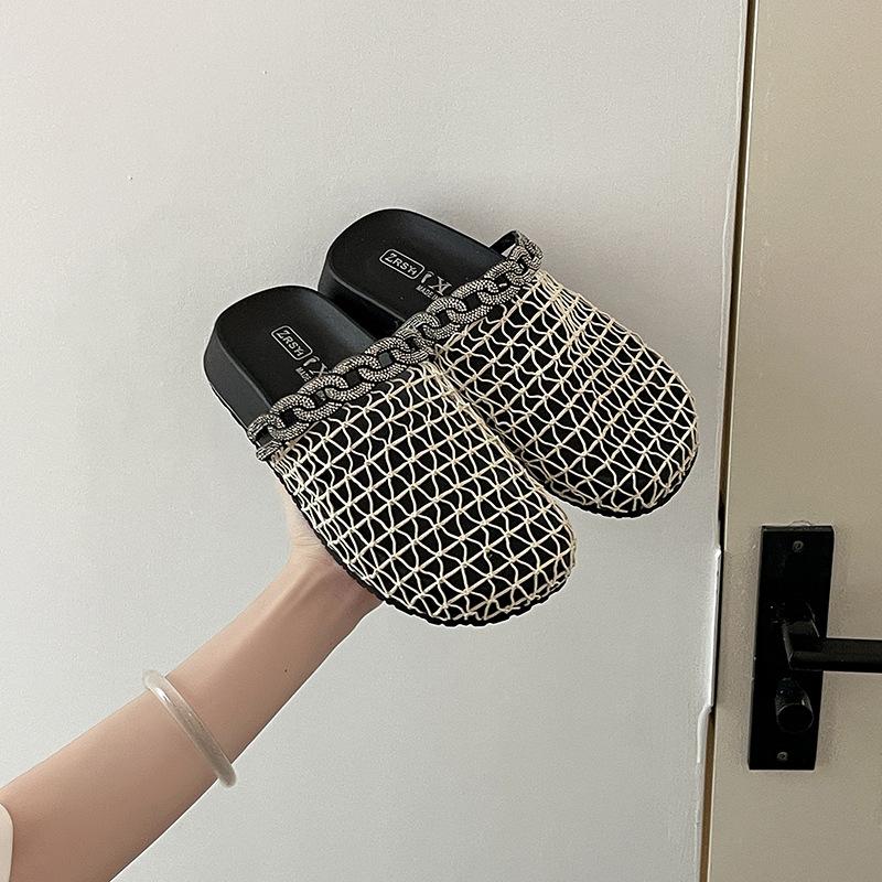 Niche design fishing net splicing bag head slippers women's summer new versatile thick bottom mesh cool slippers half drag