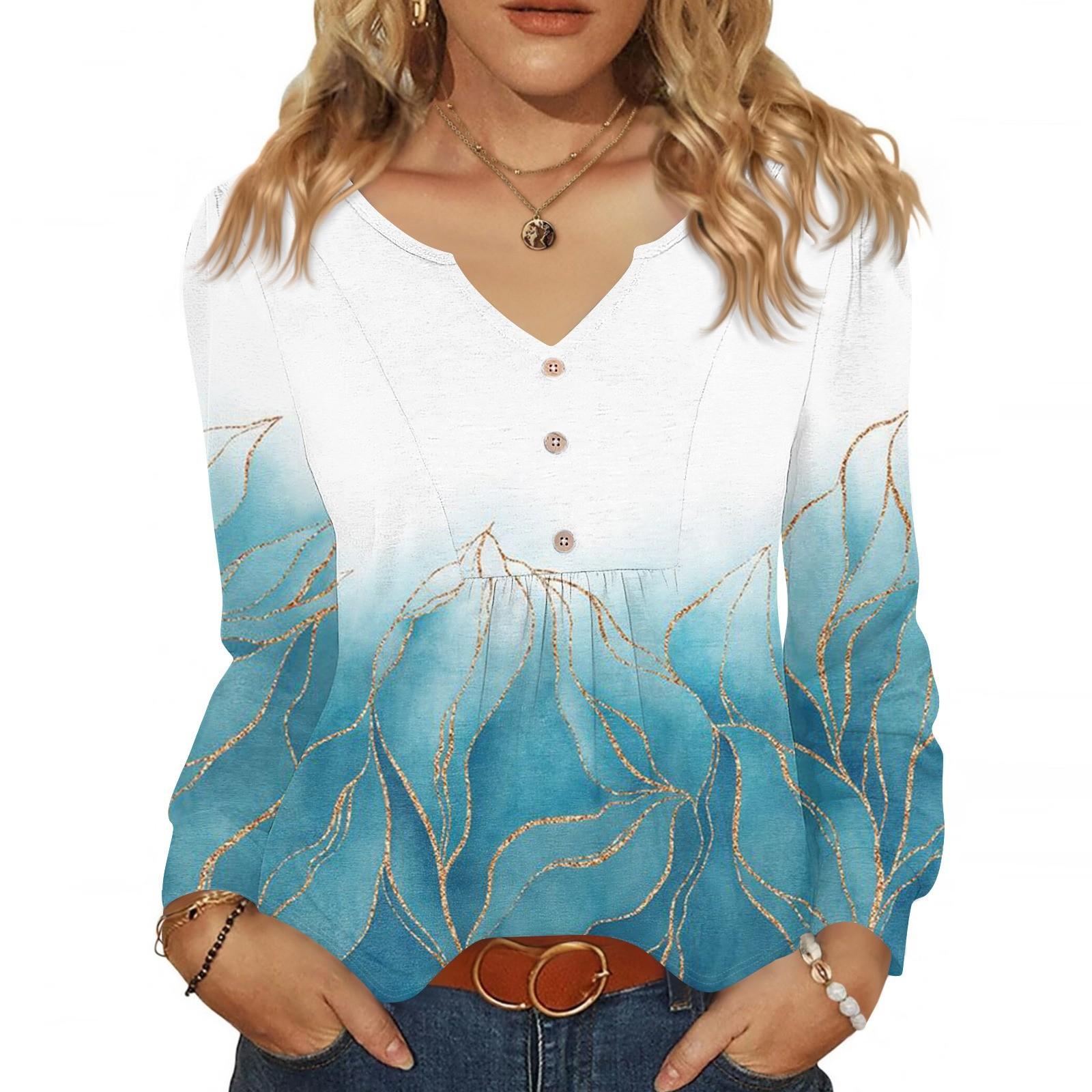 

Женская модная повседневная блузка с V-образным вырезом на пуговицах, с длинным рукавом, пуловер, футболка, топ M циан