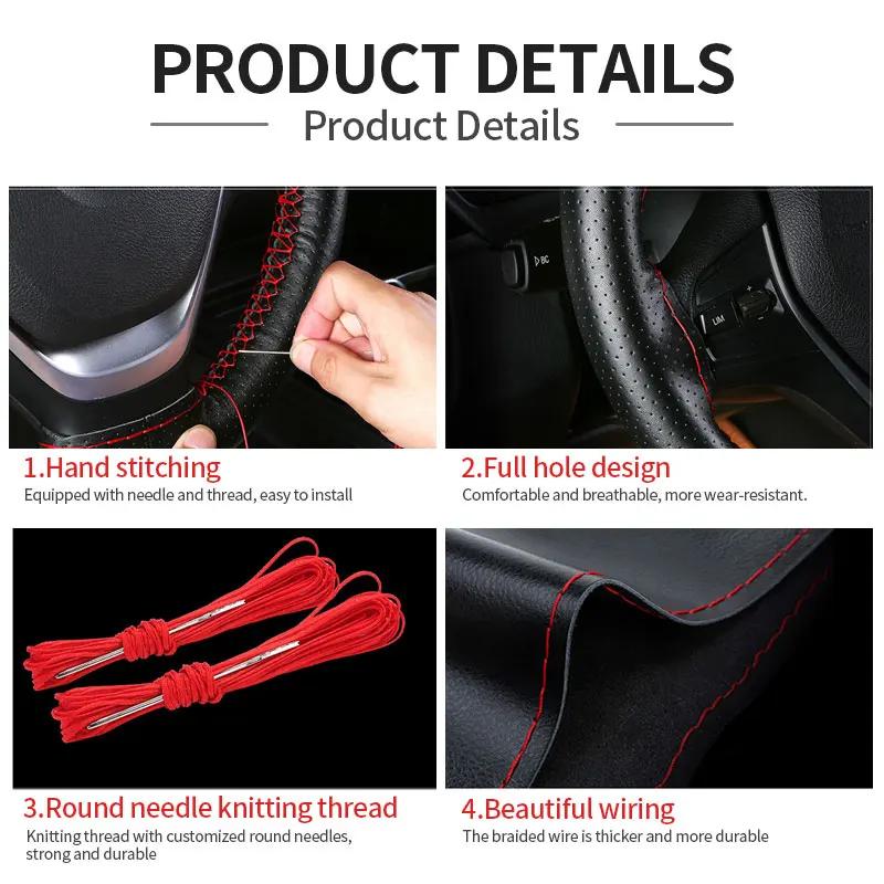 PU Leather Steering Wheel Cover 37-38cm Universal DIY Braided Car Steering Wheel Protector with Needles and Thread