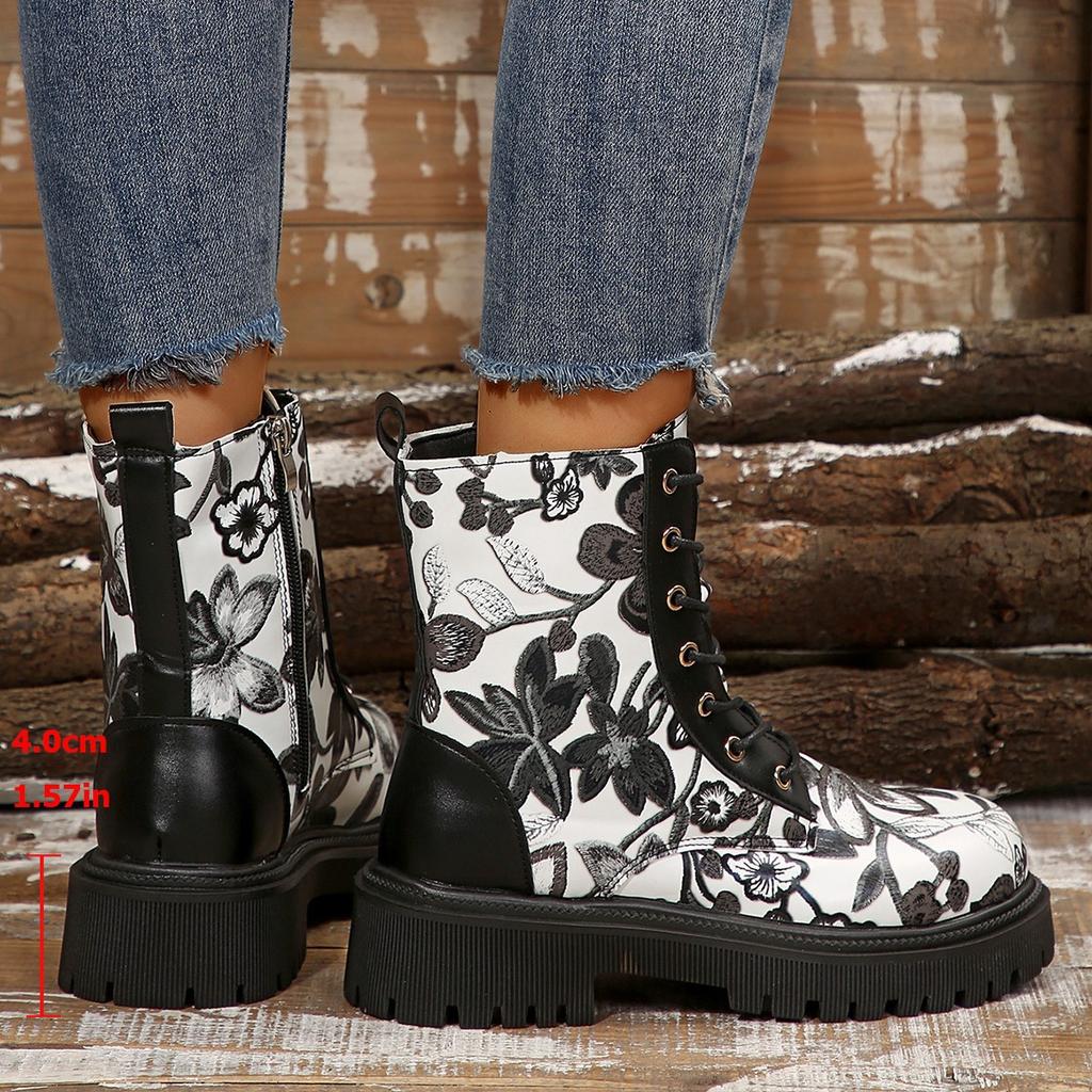 Fashion 2025 Autumn New Color Blocked Fashion Ankle Boots Women's Printed Graffiti  Side Zipper Thick Heeled Women Shoes Platform Botine