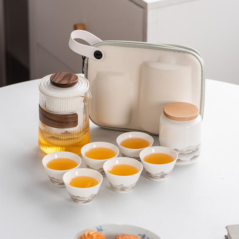 Suet Jade White Porcelain Guochao Ink and Wash Travel Tea Set, a Pot of Four or Six Cups, New Chinese Express Cup Light Luxury Business Gifts