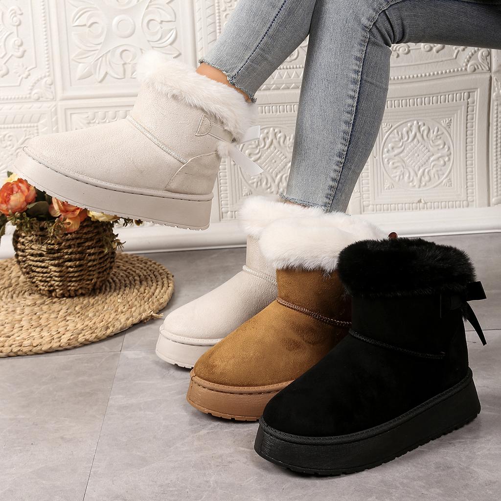 Fashion 2025 New Women Boots Casual All-match Thick Soled Mid-tube Snow Boots Bow Plus Cotton Boots Fashion Retro Outdoor Women Shoes