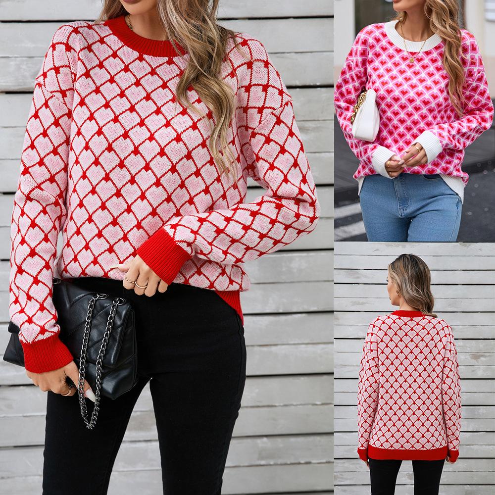 Winter Women's Sweater Love Valentine's Day Pullover Peach Heart Color Clash Sweater