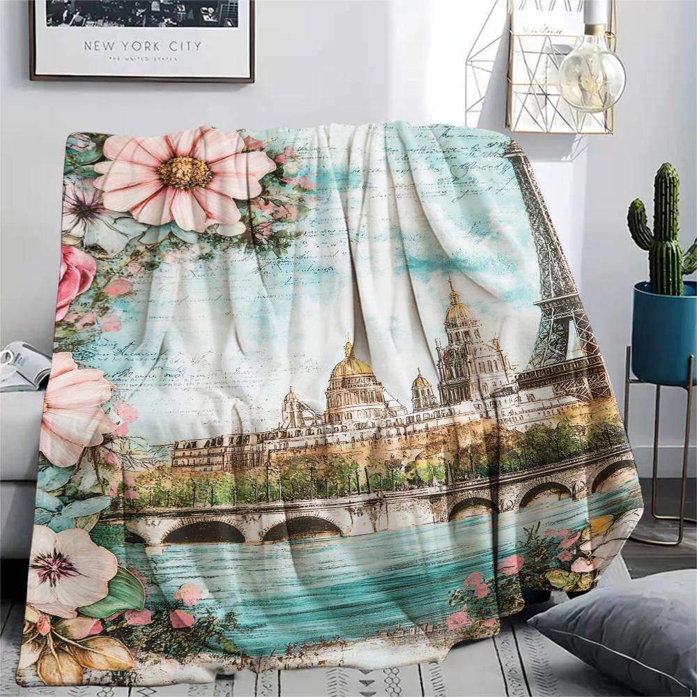 1Pc Eiffel Tower Art Print Flannel Blanket, High quality Comfortable for All Seasons, Home Decor, Warmth and Comfort, Perfect for Gifts