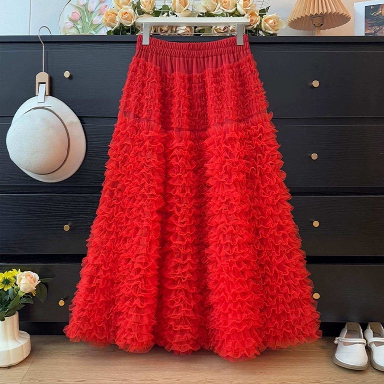 Age-Defying Multi-Layer Mesh Skirt - Sweet, Fluffy Princess-Style for Women One Size красный
