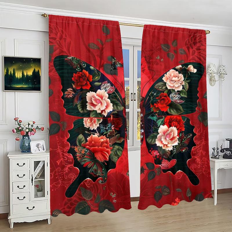 2PCS- Red butterfly - printed curtain, -100% polyester material, suitable for bedroom curtains and living room decoration.