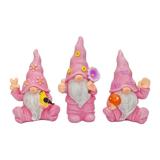 3 Pcs/Set Flower Gnome Figurines Collectible Dwarf Wearing Floral Hat Ornaments Desktop Gnome Statues for Home Cabinet Shelf Decorations