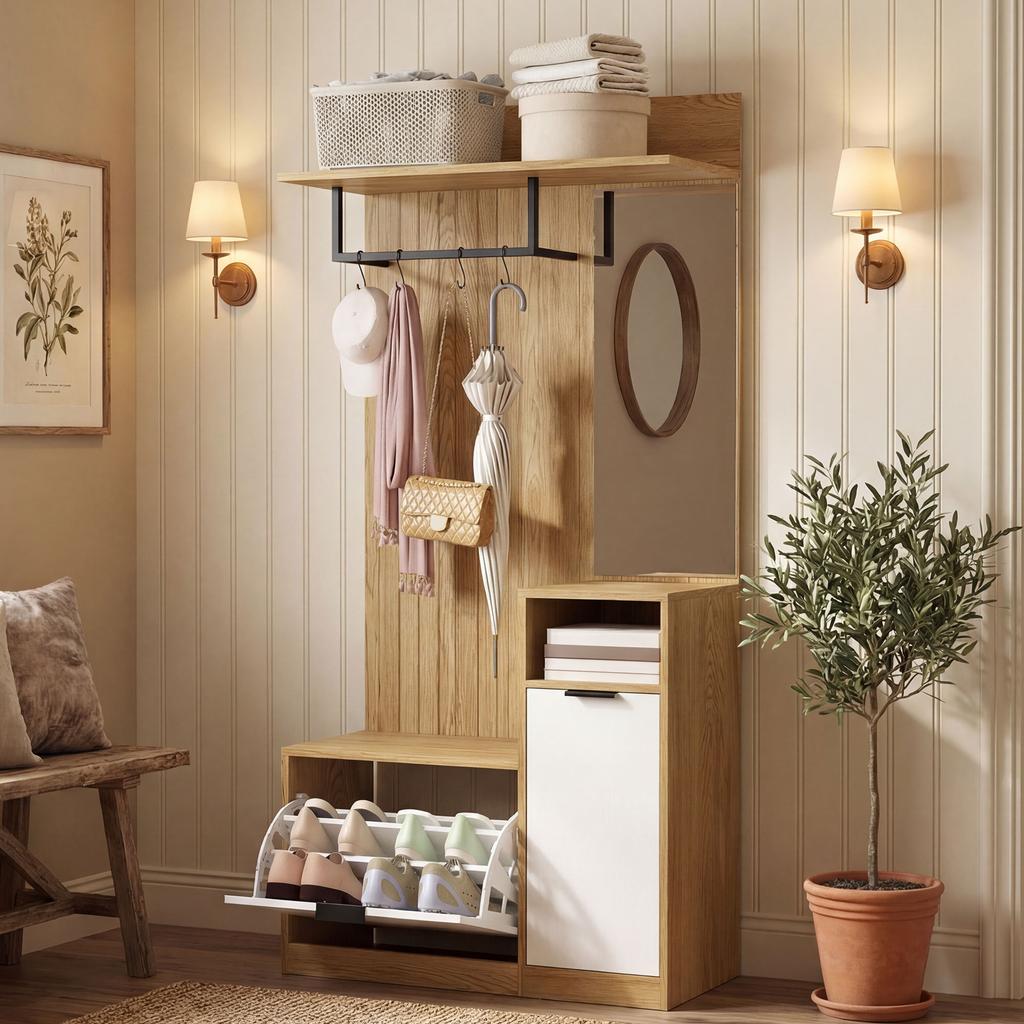 6-in-1 Entryway Furniture, Hallway Coat Rack with Foldable Shoe Bench, Mirror, 80x36x168cm, Oak