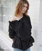LETTER FROM MOON Leaf One-Shoulder Frill Blouse (Black)