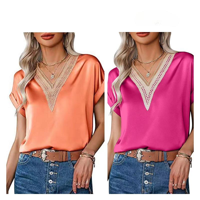 Lace V-neck T-shirt Satin Loose Short Sleeved Top Women's Commuting Style Women's Clothing T-Shirts Women’s