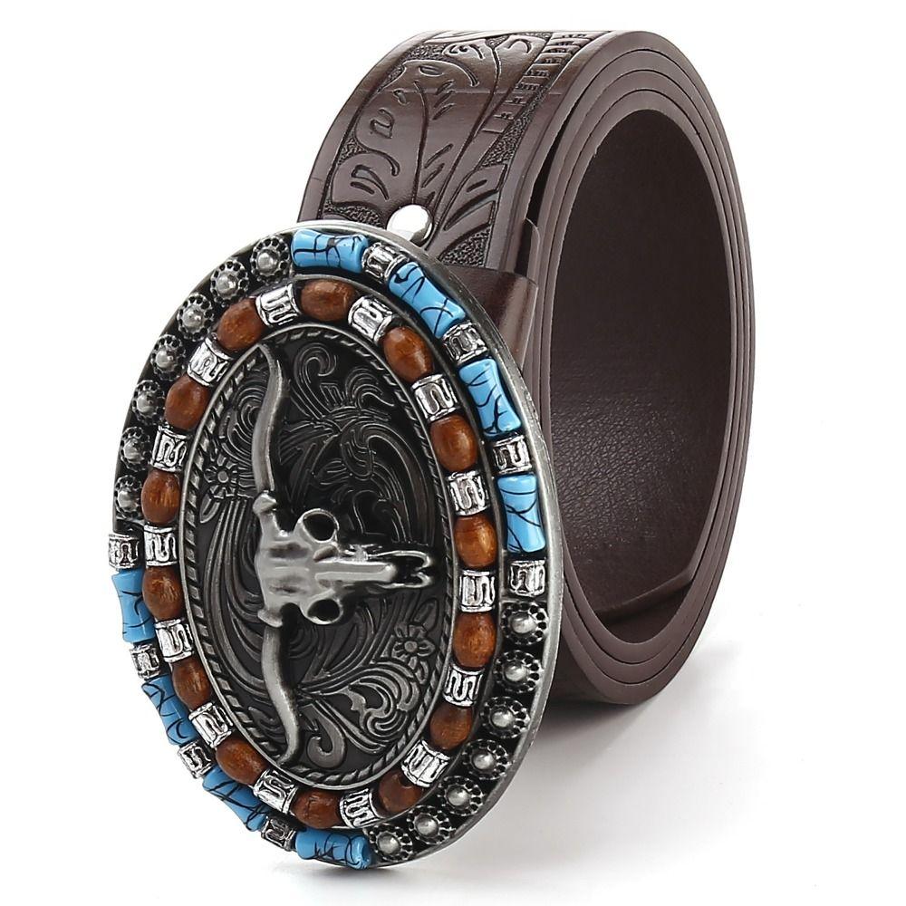Carved Western Cowboy Belt Cow Head Buckle Embossed Belt Luxury Waistband  For Man Women