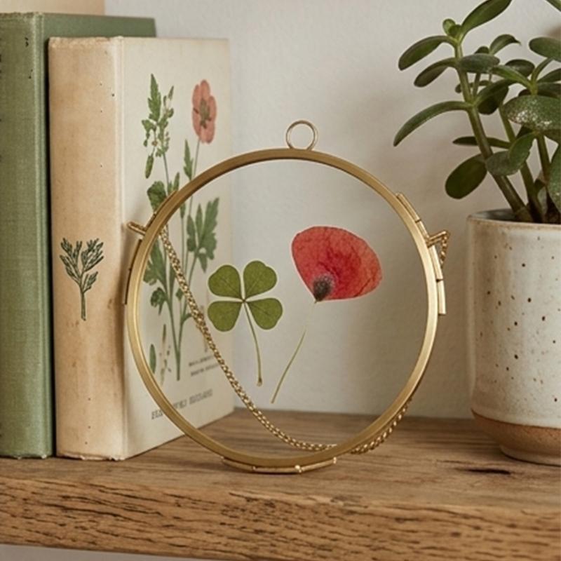 Circular Metal Glass Photo Frame Wall Hanging Natural Dried Flower Holder Display Frame For Living Room Decoration