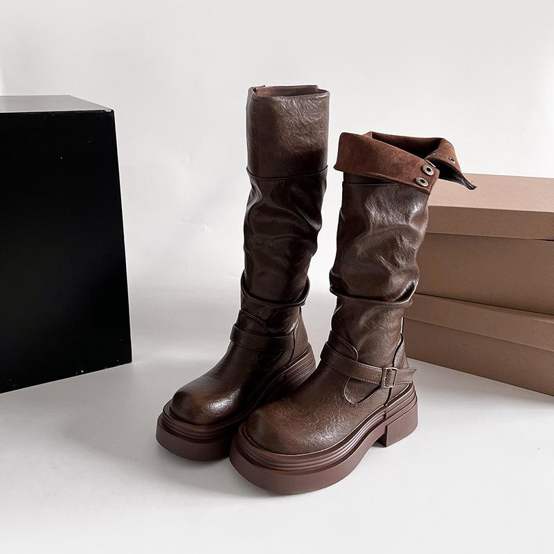 Autumn Winter Woman Knight Boots Concise Slip-On Thick Bottom Shoes Ladies Vintage Western Cowboy Botas De Mujer