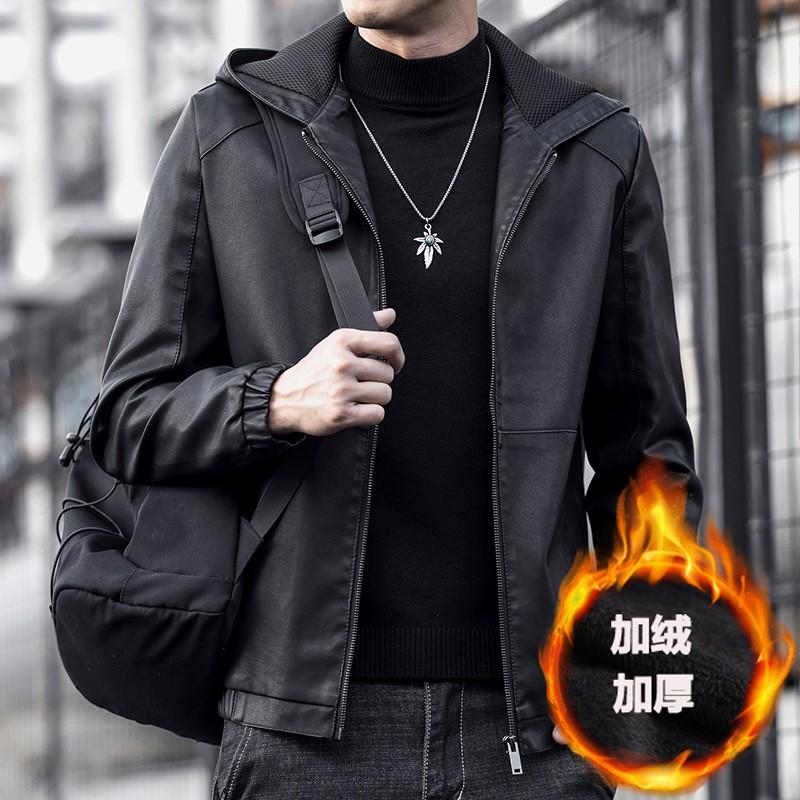 Mens Black Faux Leather Hooded Jacket Slim Fit Casual Biker Style Youth