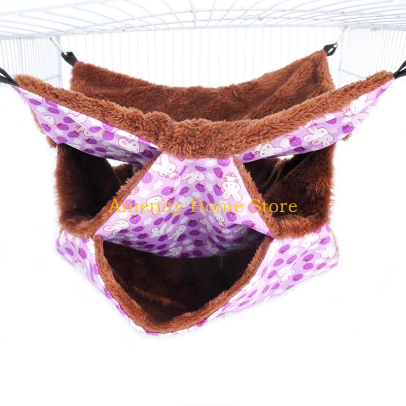 F26C Hamster Hanging Hammock 3-Layer Plush Bed Warm Hideout for Small Animals Ferret Swing for Pet Playing Sleeping Climbing