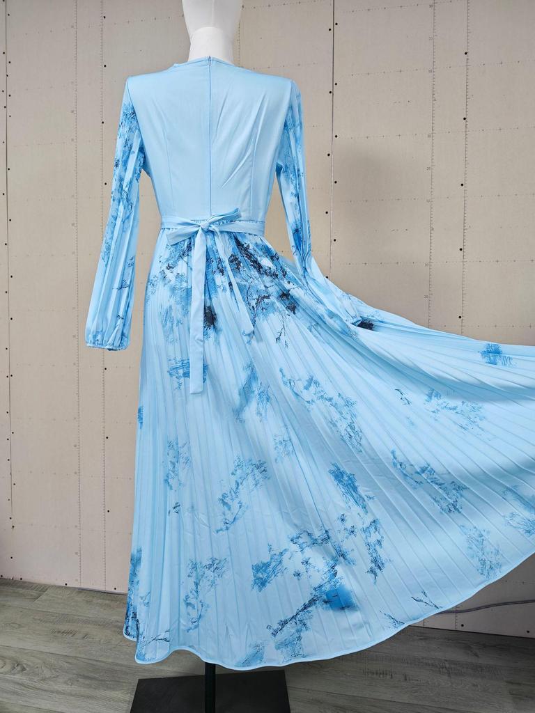Elegant European Long Sleeve Printed V-Neck Mid-Length Vacation Dress 2025