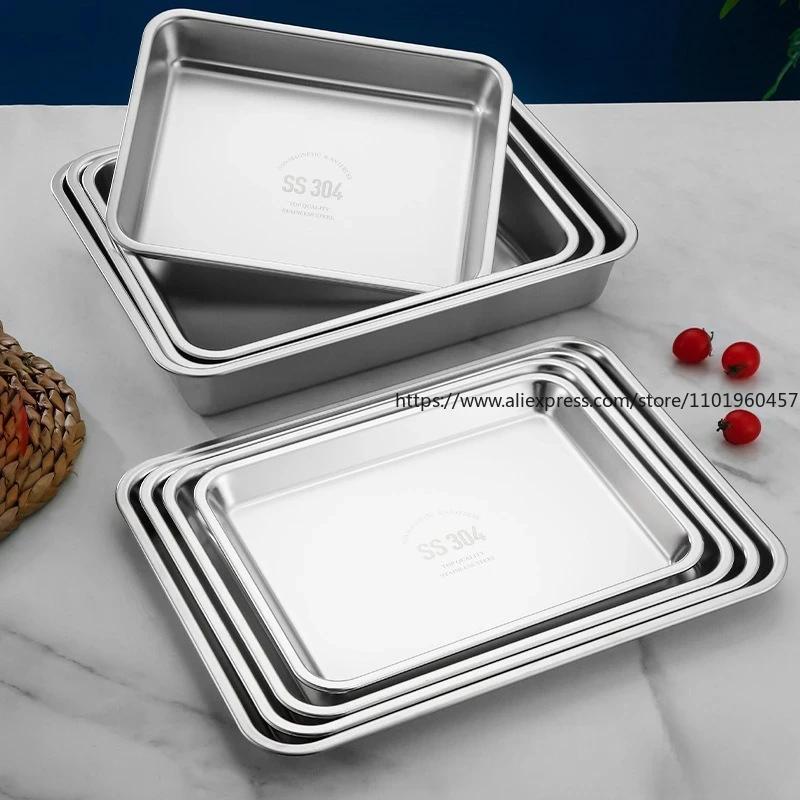 304 Thicked Stainless Steel Food Storage Tray Rectangle Oven Cake Bread Plate Flat Bottom Dishes Kitchen Tools