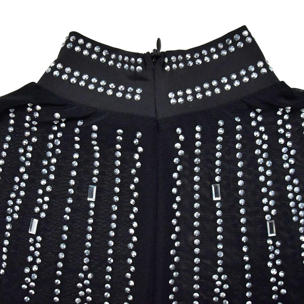 European & American Fashion Women's Solid Mesh Slit Long Dress with Hot Drill Accents