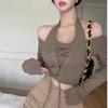 Pure Desire To Hang Neck Waist Strap Chic Fake Two-piece Long Sleeved Top Women's Atmosphere Short and Unique T-shirt