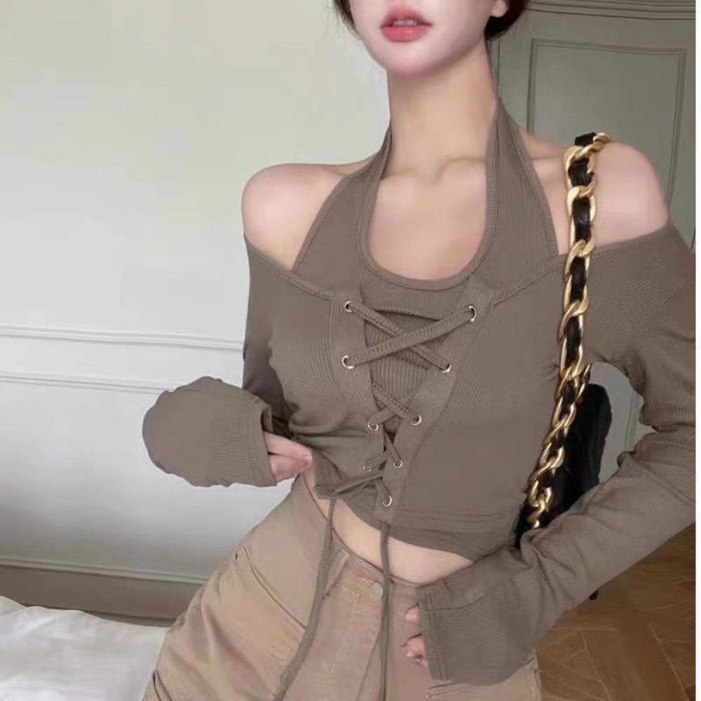 Pure Desire to Hang Neck Waist Strap Chic Fake Two-piece Long Sleeved Top Women's Atmosphere Short and Unique T-shirt