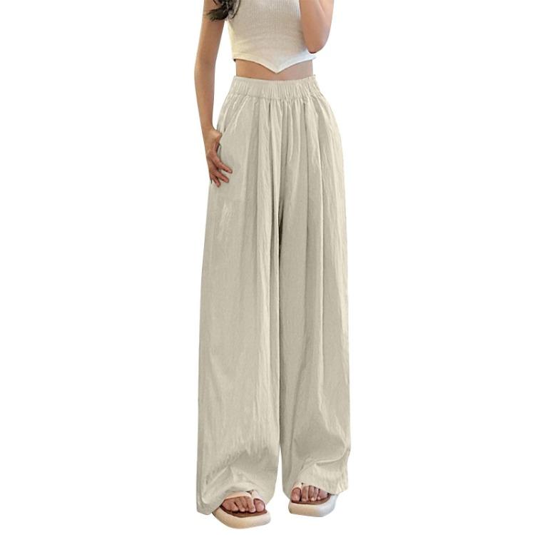 Ice Silk Womens Casual Wide Leg Pants Loose Solid Color Wrinkled