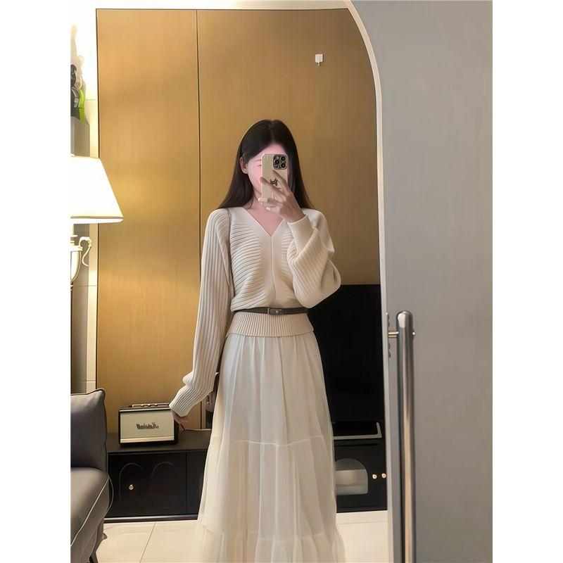 Kumikumi Fashion Suit Elegant Anti-Aging Long Sleeves Knitwear Female Fall High Waist All-Match Tutu Two-piece Set